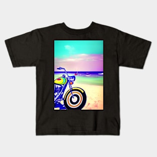 RETRO MOTORCYCLE ON THE BEACH PINK TINGED Kids T-Shirt